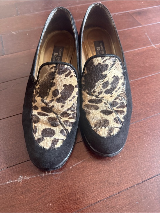 Stuart Weitzman Shoes - Stuart Weitzman Black Suede Loafers with Leopard Haircalf Vamp